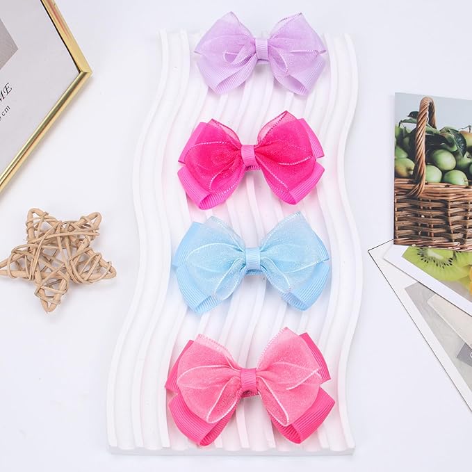Tiny 3 Inch Organza Double Hair Bow Clips - Lined Boutique Alligator Hairpin for Baby Girls, Toddlers, and Little Teens - Kids Barrettes Set of 2 Small Stylish (Light Hot Pink)