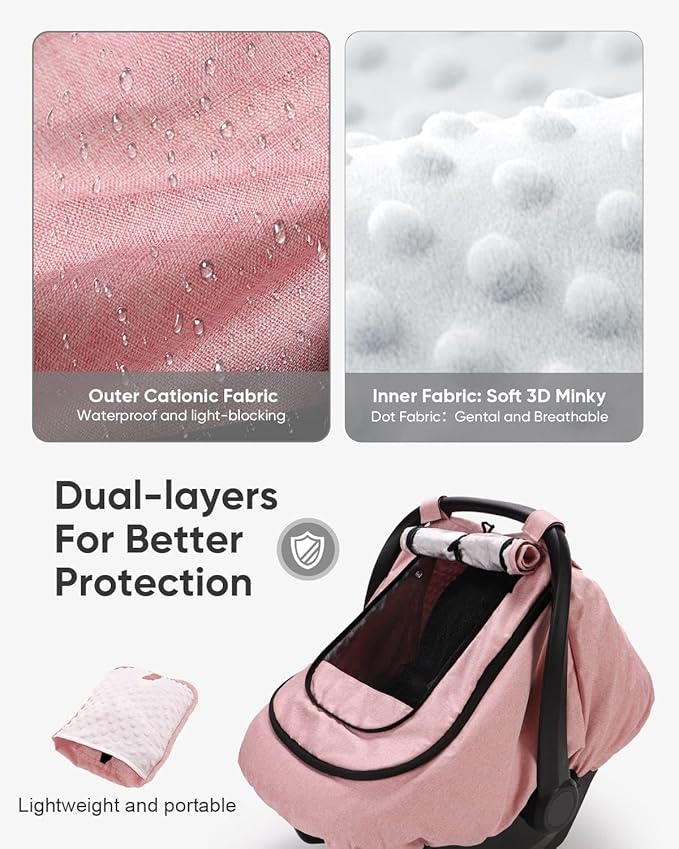 TinlyFinly Waterproof Car Seat Cover for Baby, 2-Layer Car Seat Rain Cover with Clear Window & Sunshade & Mesh Cover, Universal Infant Carseat Canopy for Stroller, Protect from Rain and Snow - Pink