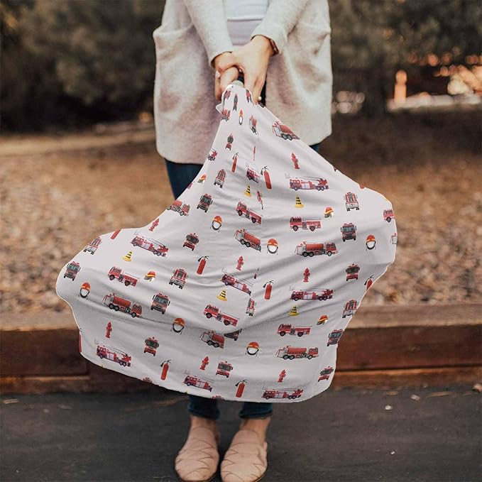 Fire Truck Cars Nursing Cover for Breastfeeding, Baby Infant Car Seat Shopping Cart Cover, Educational Red Grey Cartoon Rescue Themed Carseat Canopy Stroller Cart Cover for Babies Girls/Boys