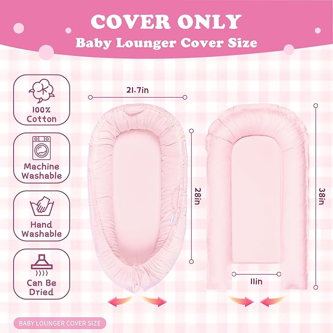 Baby Lounger Cover for Boys and Girls, Pink 100% Cotton Baby Nest Cover, Breathable Replacement Cover for Infant and Newborn Snuggle Me Lounger, Cover Only
