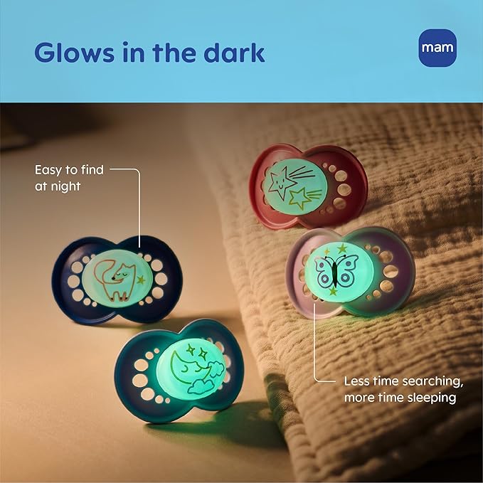 MAM Original Baby Pacifiers 6-16 Months, Binky for Newborn Babies, BPA-Free Skin Soft Silicone Nipple, Glows in The Dark, Developed with Medical Experts, 2 Count, Sterilizer Case, Made in Europe