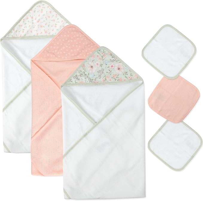 Hooded Baby Bath Towel and Washcloth 6 Piece Set for Newborns, Infants & Toddlers, Boys & Girls Baby Hooded Towels Set Floral Pink