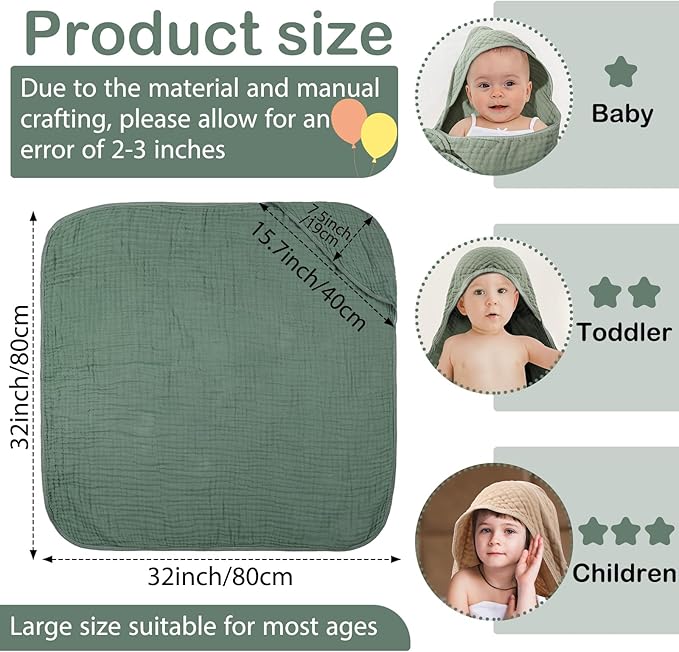 VitalCozy 6 Pcs Baby Muslin Hooded Bath Towels and Washcloths Muslin Cotton Hooded Baby Towels Absorbent Blankets for Gift Newborn Infant Shower (32 x 32 Inch,Beige,Sage Green)