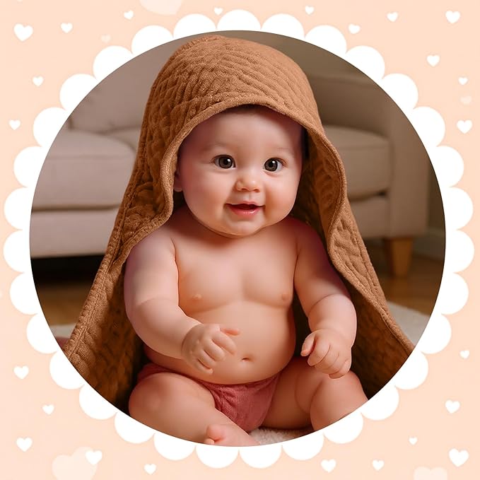 Peryiter 4 Pcs Muslin Hooded Baby Towels 32 x 32 Inch Cotton Newborn Bath Essentials Muslin Infant Blankets Absorbent Registry Gifts for Girl Boy Kids Baby Shower (Green,Gray,Rust,Blue)