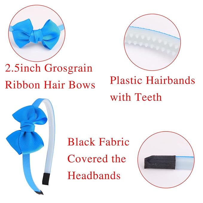 Hairband, 20 Pieces Grosgrain Bow Headbands with Teeth for Girls, Toddler Kids Children