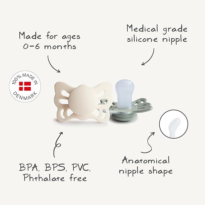 FRIGG Butterfly Anatomical SilkySoft Silicone Baby Pacifier | Made in Denmark | BPA-Free (Cream/Sage, 0-6 Months)