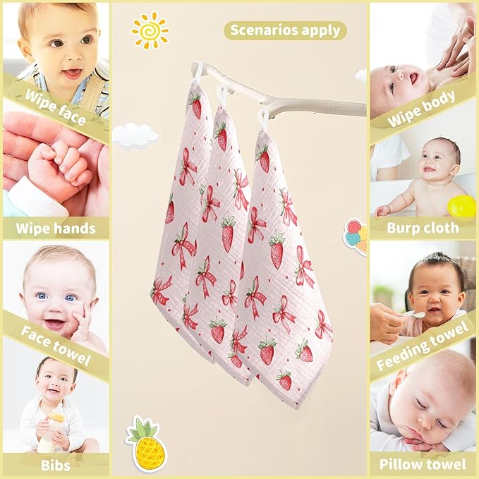 Baby Gauze Towels for Kids Soft Handkerchief Newborn 100% Cotton Strawberry Bows Cute Absorbent 12x12 Inch 3 Pack
