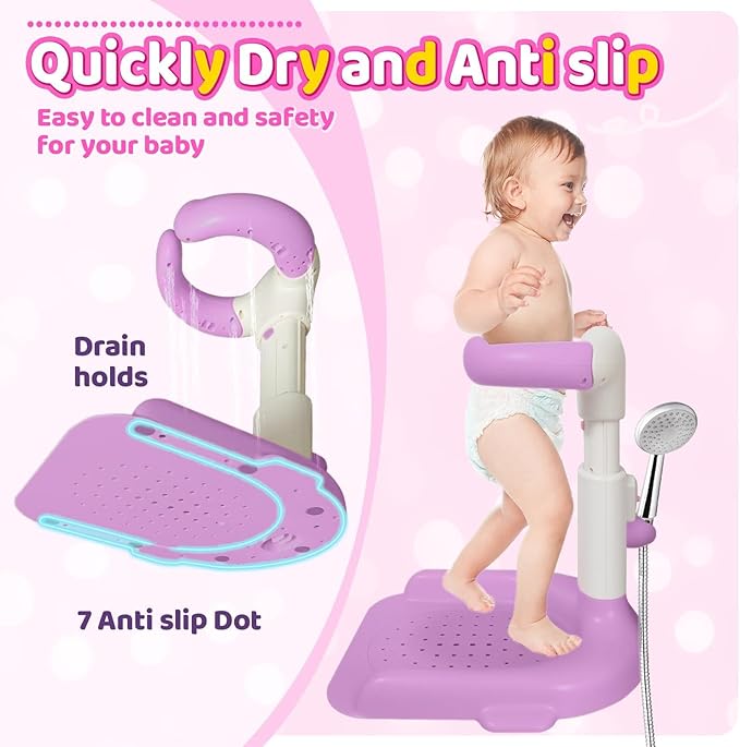 Baby Bath with Shower Stand Support , Non-Slip Adjustable Baby Standing Support,Soporte para Bañera de Bebé,Toddler Standing Up Themselves,Ideal Gift for baby standing bath 8-36 Months( Pink Purple)