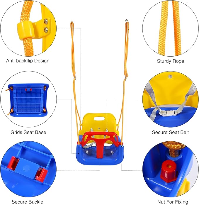 RedSwing 3-in-1 Baby Swing Seat, Toddler Swing, Anti-Flip Snug & Secure Detachable Infants to Teens Kids Swings Seat for Outside Playground, Blue Red