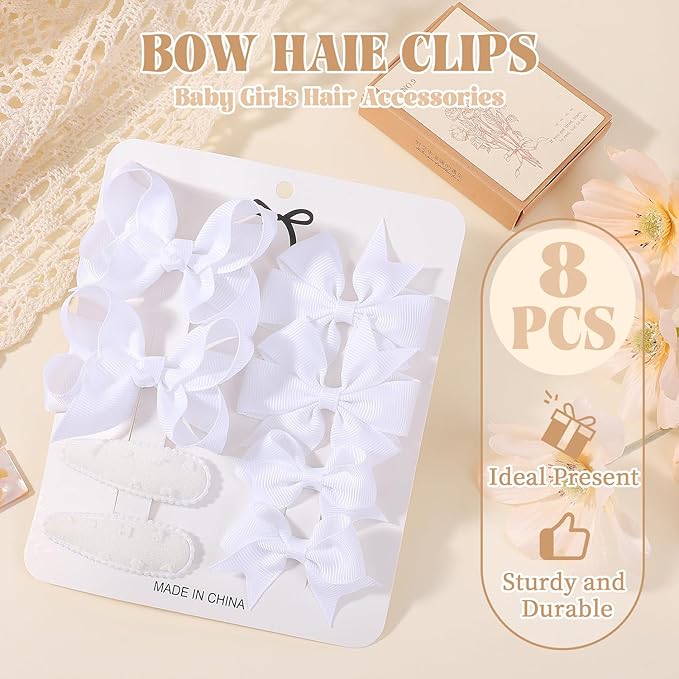 choicbaby 8pcs Baby Girl Hair Bow Clips Set, White Toddler Hair Clips Boutique Grosgrain Ribbon Bow Hair Barrettes Accessories for Infant Toddler Kids