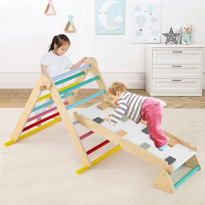 Olakids Pikler Triangle Set 7 in 1 Climbing Toys for Toddlers Foldable Baby Wood Montessori Jungle Gym with Angle Adjustable Ladder Seesaw Ramp Indoor Playground (Colorful)