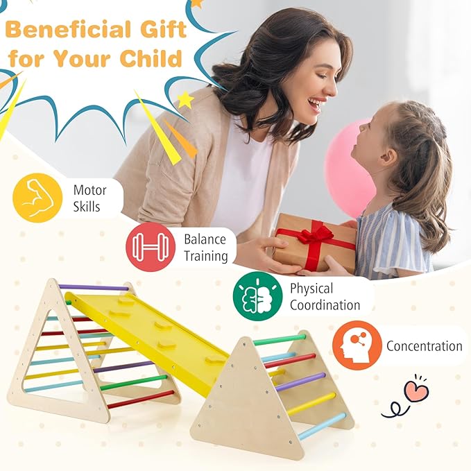HONEY JOY Pikler Triangle Set, 5 in 1 Montessori Wooden Triangle Climber w/ 2 Stackable Ladders & Climbing Ramp, 3-Piece Baby Indoor Playground Jungle Gym, Climbing Toy for Toddlers, Colorful
