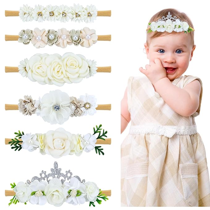 Dizila 6 Pieces Super Soft Stretchy White Ivory Baby Girl Flower Nylon Headbands Floral Hair Accessories for Newborns Infants Toddlers Girls Kids