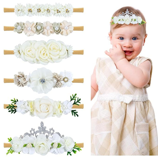 Dizila 6 Pieces Super Soft Stretchy White Ivory Baby Girl Flower Nylon Headbands Floral Hair Accessories for Newborns Infants Toddlers Girls Kids