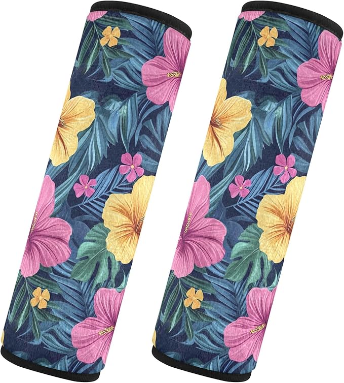 Colorful Tropical Flowers Blue Leaves Seat Belt Cover Pack of 2 Safety Belt Cushion Cute Shoulder Pads Cushion for Car Bag