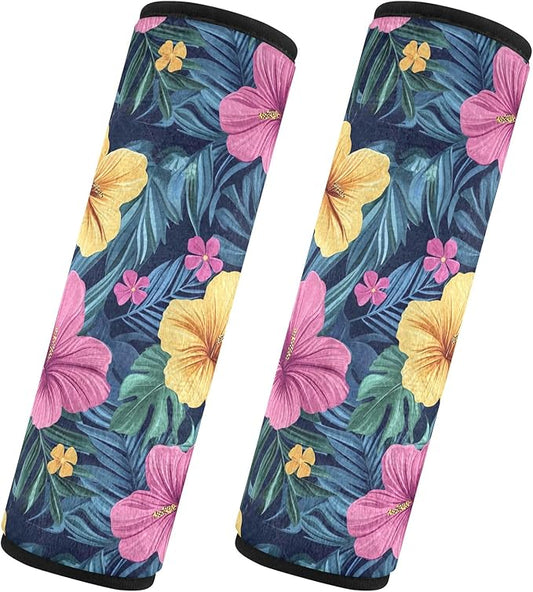 2Pcs Seat Belt Cover Pad Colorful Tropical Flowers Blue Leaves Seatbelt Pad Comfortable Shoulder Strap Cushion for Adults Kids Women Men