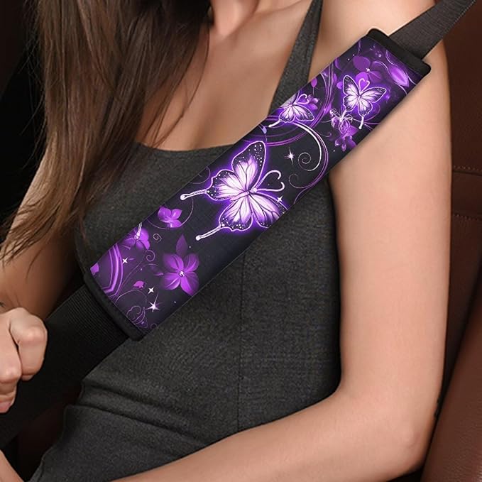 Purple Butterfly Car Shoulder Pads for Seat Belts 2 Pack Car Seat Belt Covers for Cars Auto Seat Belt Cover Seatbelt Shoulder Pad Soft Auto Seat Belt Cover Seatbelt Shoulder Pad Cushions