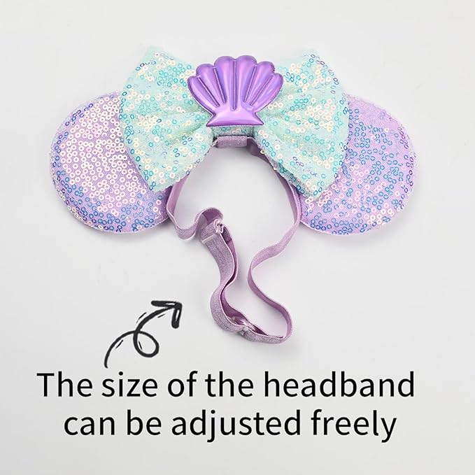 Adjustable Mermaid Mouse Ears Hair Bow Headband, Elastic Hairband Party Headwear for Baby Girls Infant Toddlers