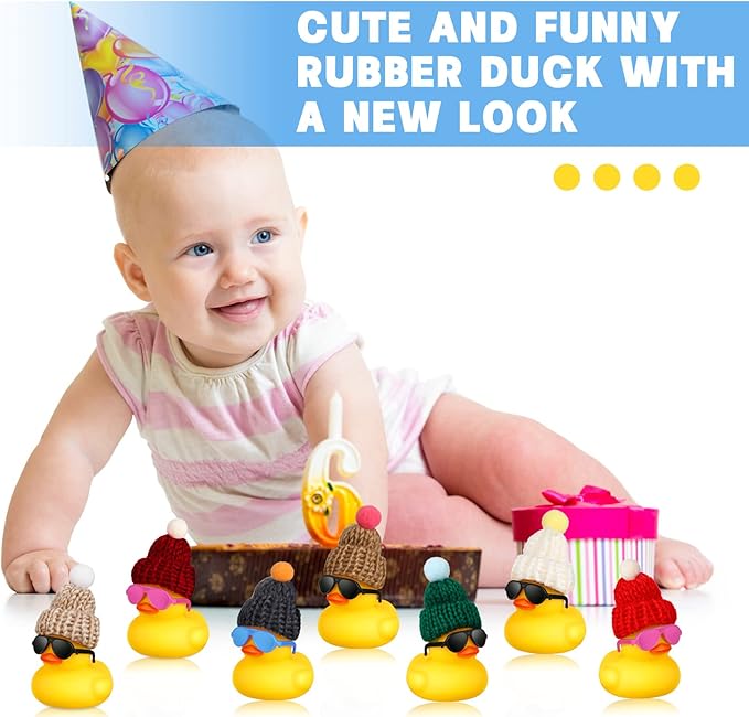 Chivao 12 Pcs Mini Rubber Ducks with Sunglasses/ Glasses and Hats/ Necklace, Cruise Rubber Ducks in Bulk Valentine Gift Small Bathtub Toy for Hiding Party Favor(Lovely Style,Yellow)