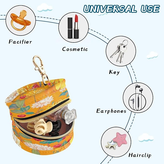 Pacifier Holder with Clip Pacifier Case for Diaper Bag Round Baby Pacifier Pouch Box Bag Portable Orange Cute Chrysanthemum and Cherries