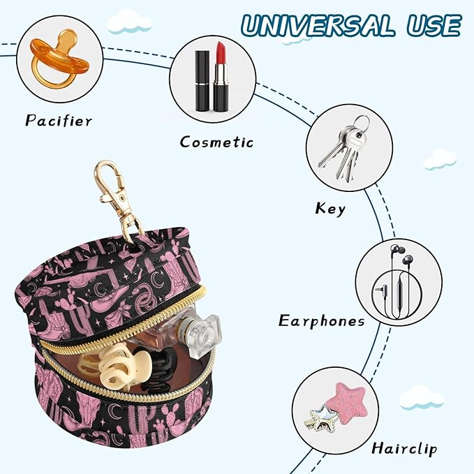 Western Cowboy Cactus Black Print Pacifier Holder Case for Diaper Bag Portable Travel Pacifier Storage Case with Clip Newborn Baby Pouch for Baby Boys Girls Purse Outdoor