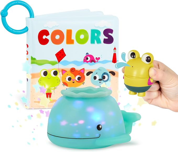 B. toys – Animal Bath Toys – Waterproof Bath Book – Light – up Whale & Color Changing Frog Squirt – Bath time Playset – 6+ Months – Glow & Splash, Tub Time Book