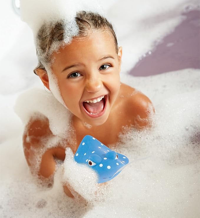 DolliBu Manta Ray Bath Buddy Squirter - Floating Blue Manta Ray Rubber Bath Toy, Fun Water Squirting Bathtime Play For Toddlers, Soft Sea Life Animal Toy For The Bathtub, Beach & Pool for Girls & Boys