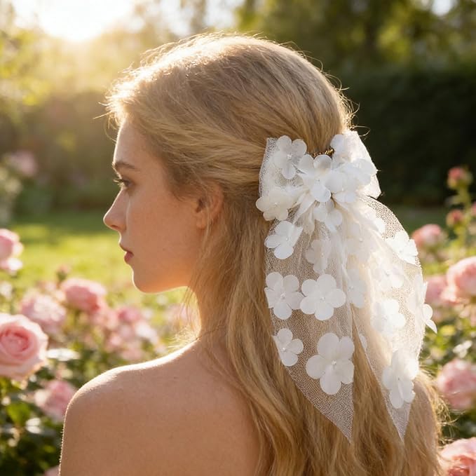 White Flower Bow Hair Clip Mesh Tulle Floral Hair Bow Clips Summer Alligator Clip with Long Tail Hair Accessory for Women Girls Bridal Wedding Bridesmaid Party Headpiece Elegant Hairpin Daily Styling