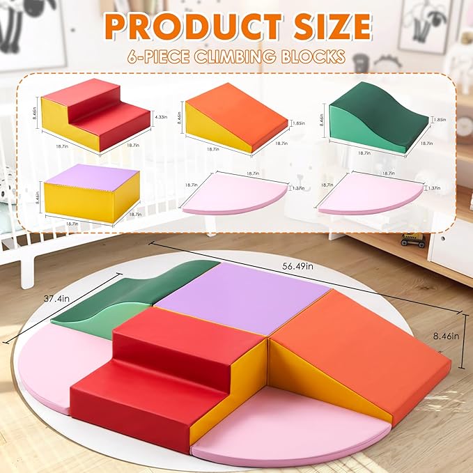 6-Piece Baby Foam Climbing Blocks, Soft Play Climbing Toys for Toddlers, Kids Playtime Corner PU Leather Climber Indoor for Crawling and Sliding, Waterproof Easy to Clean (Red)