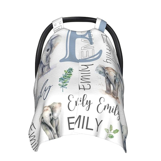 Personalized Winter Car Seat Covers for Babies with Name Elephant Minky Baby Car Seat Cover for Boys Girls Custom Infant Carseat Covers Baby Blanket Nursing Cover Breastfeeding Scarf