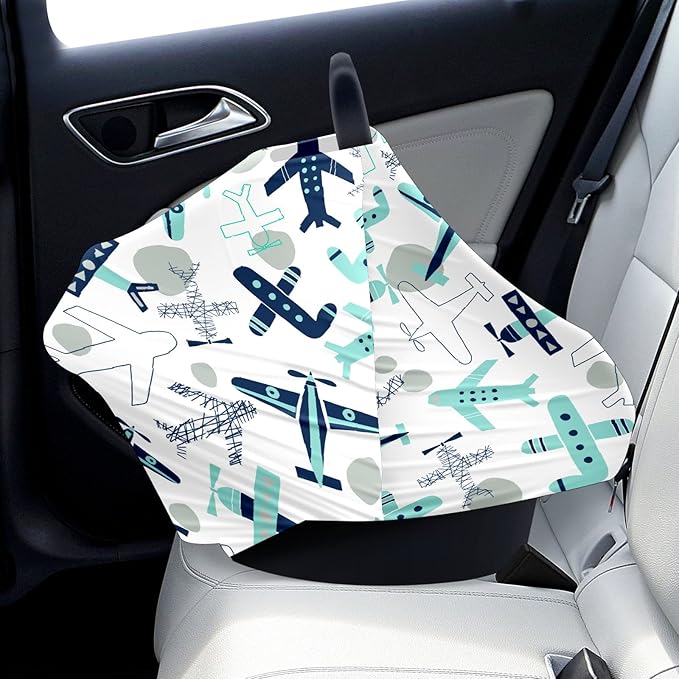 Baby Car Seat Stroller Covers Airplane Collection Nursing Cover Breastfeeding Scarf Soft Breathable Stretchy Infant Car Canopy Coverage Carseat Cover for Boys and Girls Multi Use