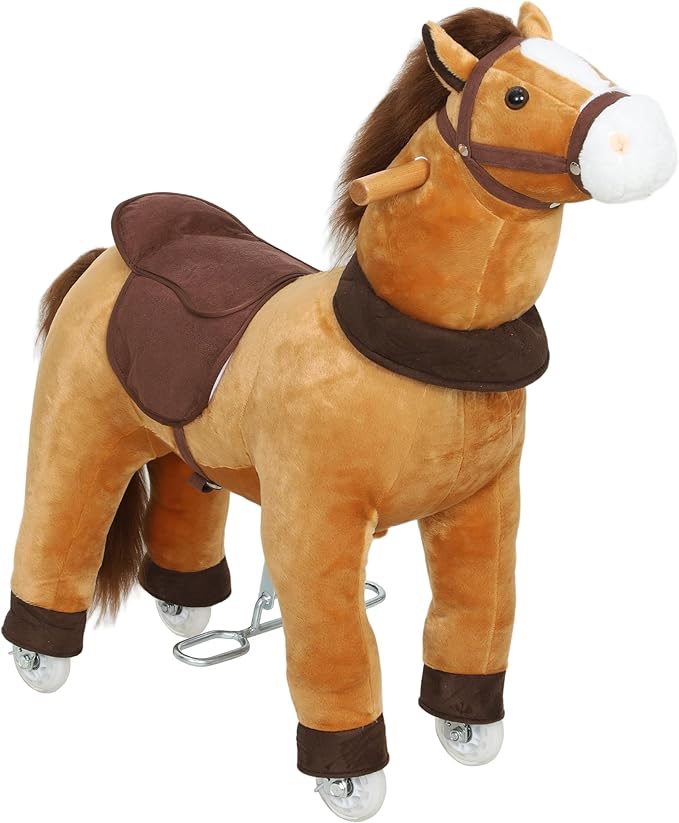 Qaba Ride on Horse for Kids 3-5 Years, 29.5 Inch Height Plush Riding Pony, Walking Horse Animal with Rolling Wheels for Active Play, No Batteries Required, Brown