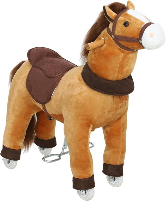 Qaba Ride on Horse for Kids 3-5 Years, 29.5 Inch Height Plush Riding Pony, Walking Horse Animal with Rolling Wheels for Active Play, No Batteries Required, Brown
