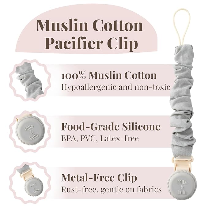 Muslin Cotton - Metal-Free Pacifier Clips, Lightweight and Secure Pacifier Holder for Babies (Cloud Rêve) - Mila & Lulu
