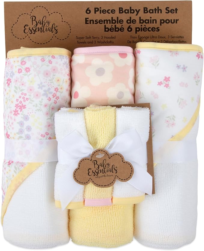 Baby Bath Essential Hooded Baby Bath Towel and Washcloth 6 Piece Set for Newborns, Infants & Toddlers, Boys & Girls Baby Hooded Towels Set (Daisy Flowers)