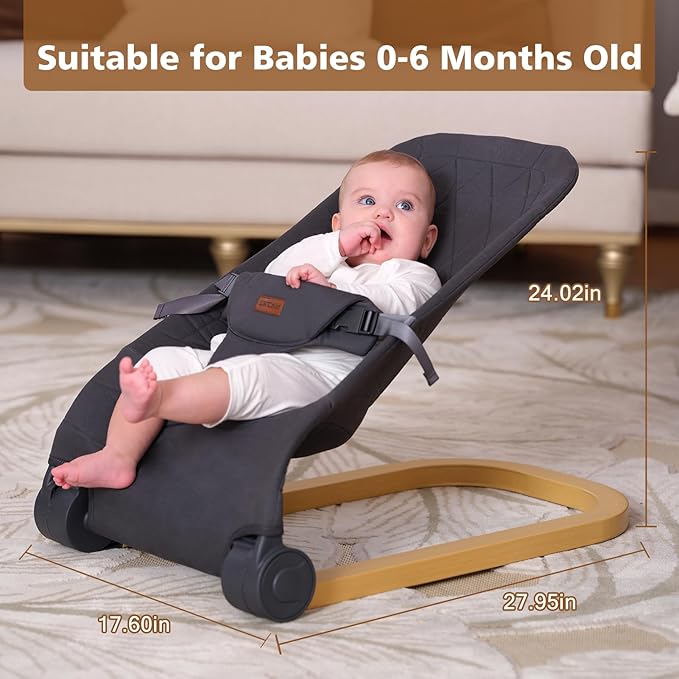 Baby Bouncer,Portable Baby Bouncer Seat & Foldable with 3 Height Adjustments, Ergonomic Bouncer for Babies 0-6 Months, Wood Grain Style, Natural Vibrations, Includes Storage Bag(Grey)