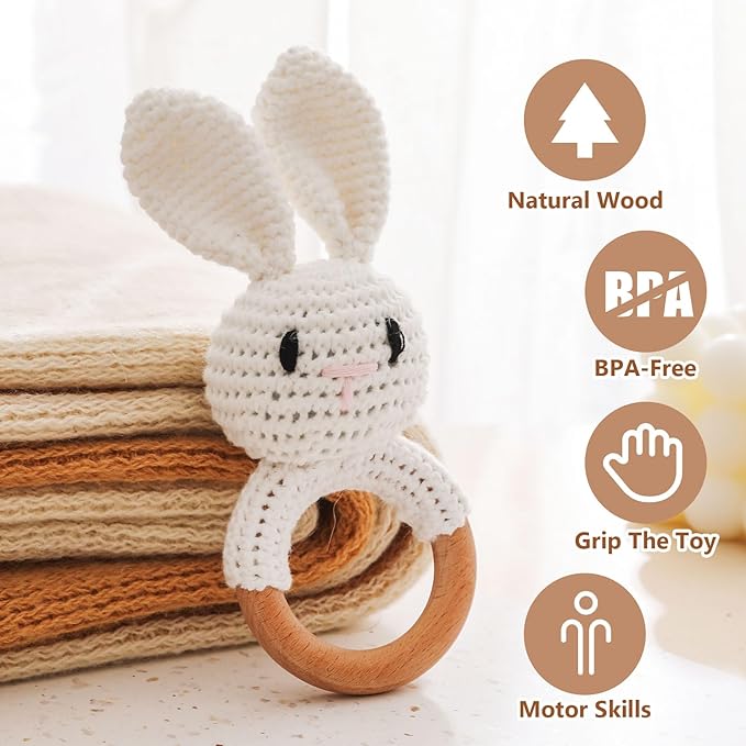 Wooden Baby Rattle，Crochet Bunny Rattle with Wood Ring, Newborn Wooden Animal Rattle Toy，Infant White Bunny Wood Rattle Toys