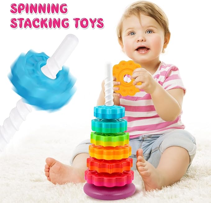 Baby Spinning Stacking Toys Sensory Toys for Toddlers 1-3, Rainbow Ring Spin Montessori Toys for Babies 12 Months, Autism Learning Toy for 1 2 3 One Year Old Girl Boy Christmas Birthday Gifts
