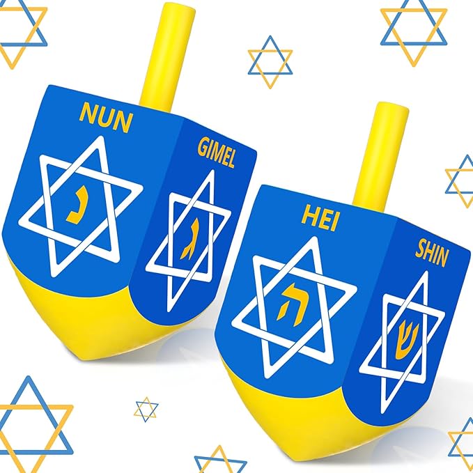 Wonderjune 2 Pcs Hanukkah Dreidels Extra Large Wooden Dreidel for Hanukkah Decoration with English Transliteration, Forever Spinning Tops Party Favors(Hexagram)