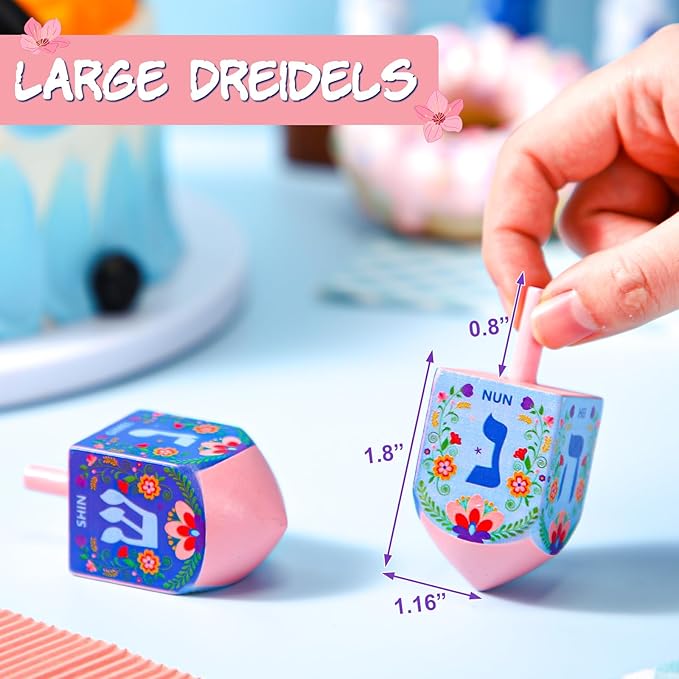 Wonderjune 2 Pcs Hanukkah Dreidels Extra Large Wooden Dreidel for Hanukkah Decoration with English Transliteration, Forever Spinning Tops Party Favors(Floral)