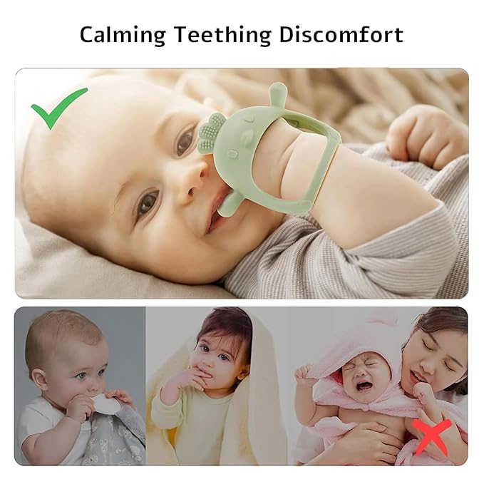 2 Pack Baby Teether Toy, BPA Free Silicone Mitten Glove Teether for Sucking Needs, Baby Teething Toys 0-3-6-12 Months, Hand Pacifier Chew Toys for Teething Pain Relief (Green & Beige)