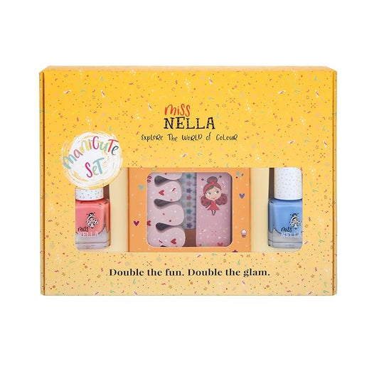 Miss Nella Summer MANICUTE- kids nail kit + 2 Miss Nella peel off polish, nail stickers, tattoos, nail filer & toe separators- all designed foe children hands & toes