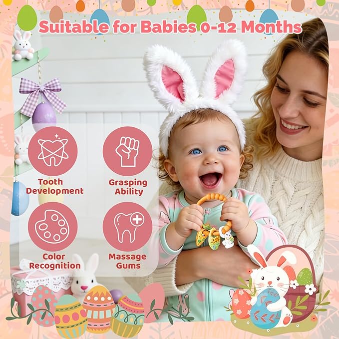 Easter Baby Teething Ring Toys for Baby, Silicone Teether with Textured Carrot, Bunny and Egg, BPA-Free, Safe and Soft for Chewing, Teething Toys for Easter Basket Stuffers&Easter Gifts, 0-12 Month
