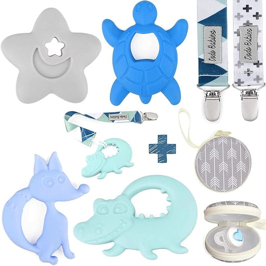 Dodo Babies Baby Shower Gifts - Teething Toy & Pacifier Clip Set - 6-Piece Multicolor Silicone - Pacifier Clip, Baby Teether & Binky Holder - Universal Leash & Water-Resistant Case