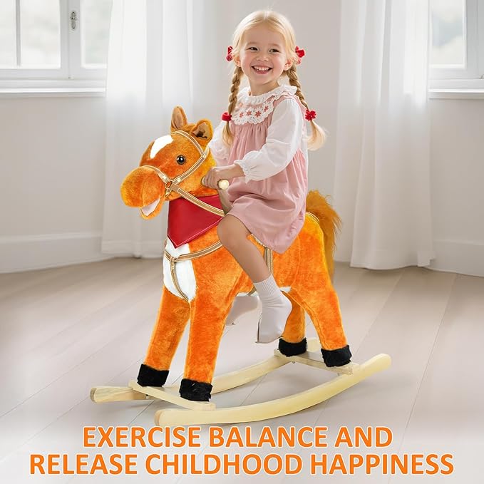Rocking Horse for Toddlers Ages 1-6, Plush Ride On Toy with Sounds Moving Mouth & Wagging Tail, Interactive Wooden Rocker for Kids, Baby Rocking Chair Toys up to 120kg (Light Brown M)