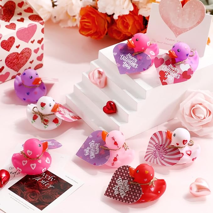 Jerify 24 Pcs 2 Inch Valentines Ducks for Kids Classroom Exchange Gifts Valentine's Day Rubber Ducks with Gifts Cards Mini Heart Rubber Duckies Valentines Party Favors Toys, 6 Styles (Pastel)