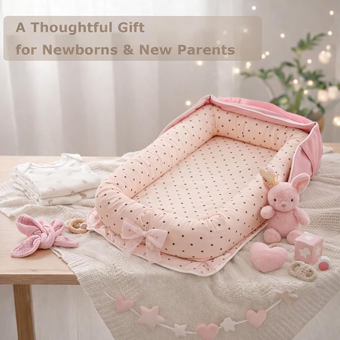 Baby Lounger for Newborn Portable Bag,Baby Nest Play Gym mat with Strap,Newborn Lounger Adjustable Size & Inner Zipper Lengthen Space to 24 Months(Pink Polka Dots)