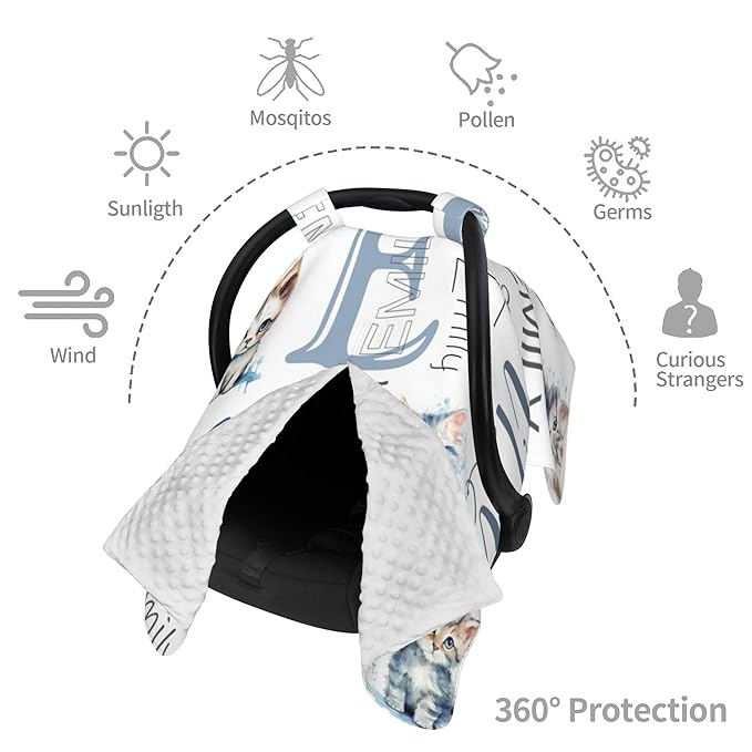 Personalized Baby Car Seat Canopy with Name Custom Minky Cat Car Seat Covers Nursing Cover for Breastfeeding Multi-Use Cover Infant Carrier Carseat Winter Cover for Newborn Girls Boys