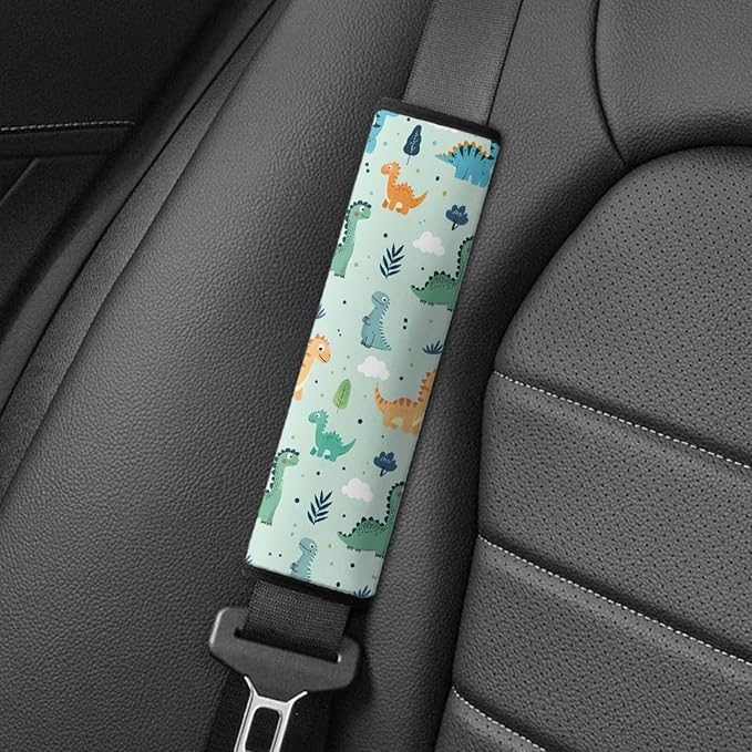 Biyejit Green Dinosaurs Car Seat Neck Cover, Car Seat Strap Cover, 2 Pack Seat Belt Cushions Pads, Shoulder Strap Protectors, Reversible Pram Harness Covers, Baby Neck Pad Protector