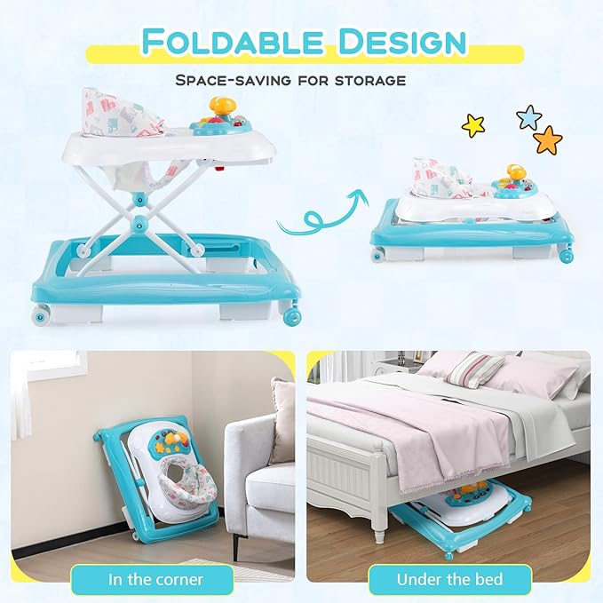 BABY JOY Baby Walker, 4 in 1 Foldable Activity Walker with Adjustable Height, Music, Lights, Anti-Rollover Toddler Push Walker, Baby Walker with Wheels for Boys Girls 7-14 Months (Light Blue)